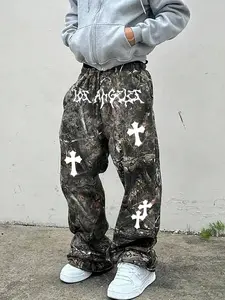 Men's Branch Cross Print Athletic Sweatpants, Fashion Streetwear Joggers, Casual Hip Hop Pants for All Seasons, Fitted Woven Fabric