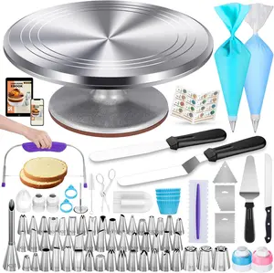 253 count Cake Decorating Kit, 12"  Alloy Cake Turntable, 48 Numbered Icing Tips, 3 Russian Piping Nozzles, Offset and Straight Spatulas, Cake Leveler, Pastry Bags Baking Supplies