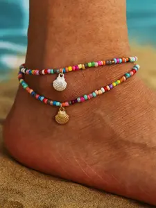 Rainbow Beaded Shell Anklet, Summer Beach Vibes Accessory, Trendy Jewelry, Dual Layer Rainbow Pearl Design, & Silver Color Pendant