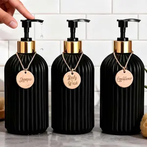 Bathroom Refillable Dispenser Bottle - Black with Gold Accents for Shampoo Body Wash & Conditioner