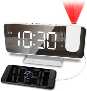 Projection Alarm Clock with USB Charger 180° Rotable Projector Alarm Clock 7.4'' Mirror Display 2 Sounds 4 Dimmer White