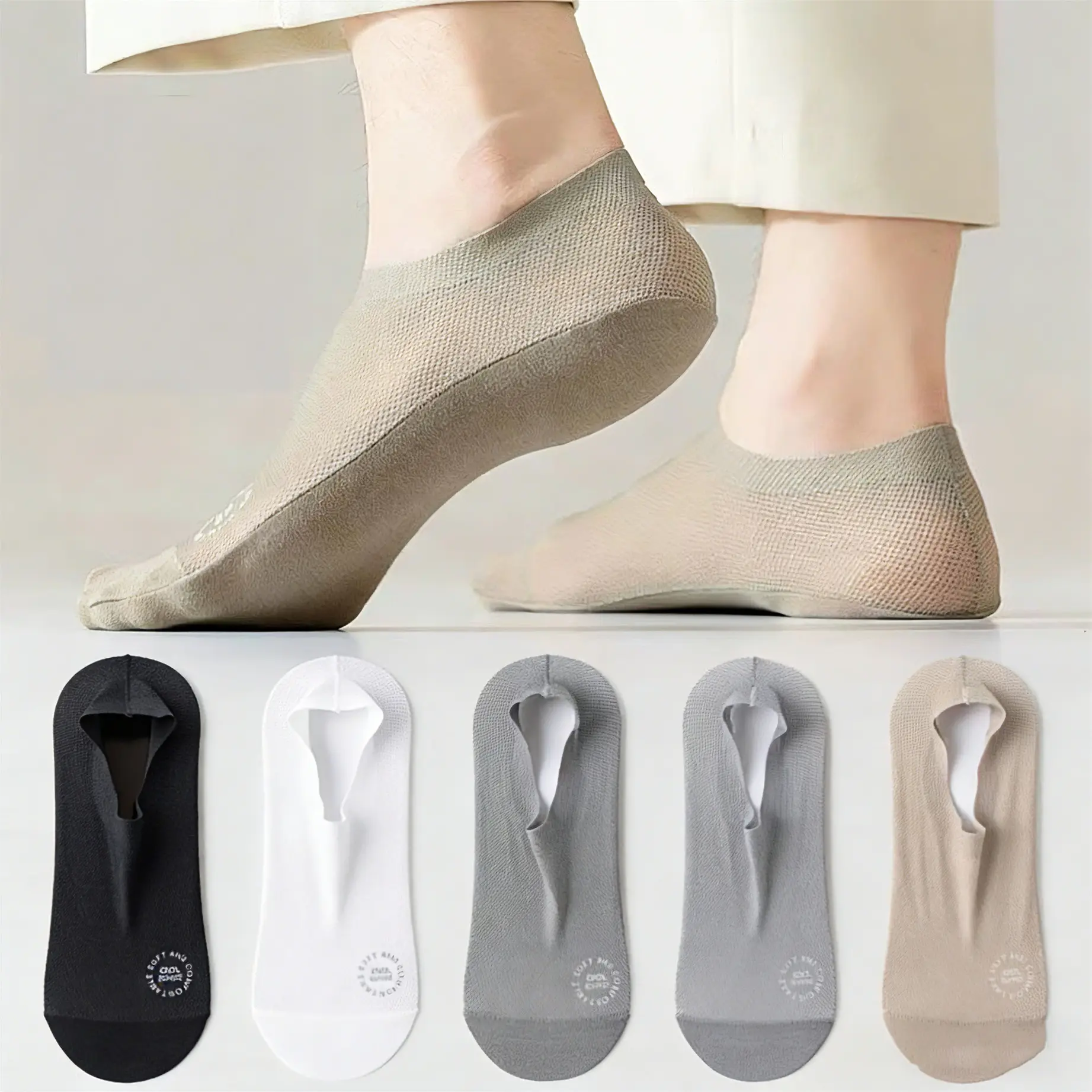 6 Pairs Men’S No Show Socks, Breathable Mesh Invisible Ankle Socks, Thin Summer Low Cut Non Slip Cotton Sole Anti Odor Short Socks For Men Beige Casual