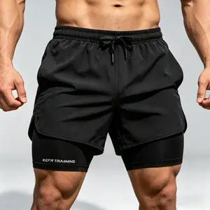 Men’s 2-in-1 running shorts, athletic fitness shorts with pockets, suitable for gym, hiking, and camping
