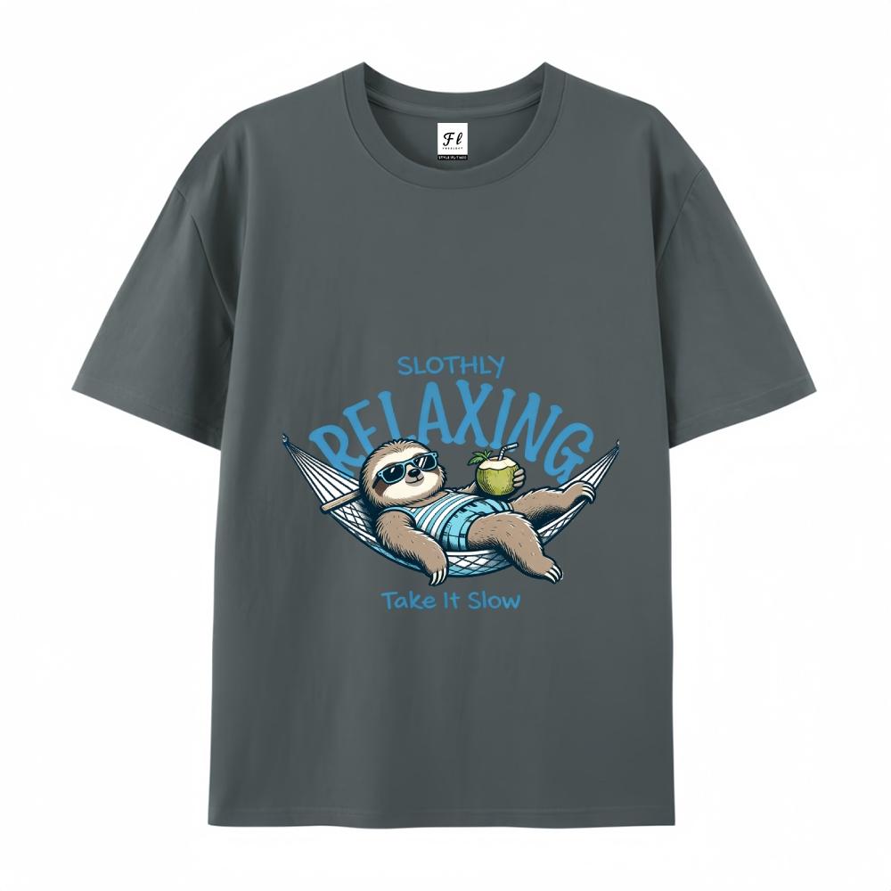 Slothly Relaxing Funny Sloth Graphic Tee Summer Vacation Casual Top For Men & Women Cartoon Drop Shoulder Short Sleeve Crew Neck Tshirt - Menswear