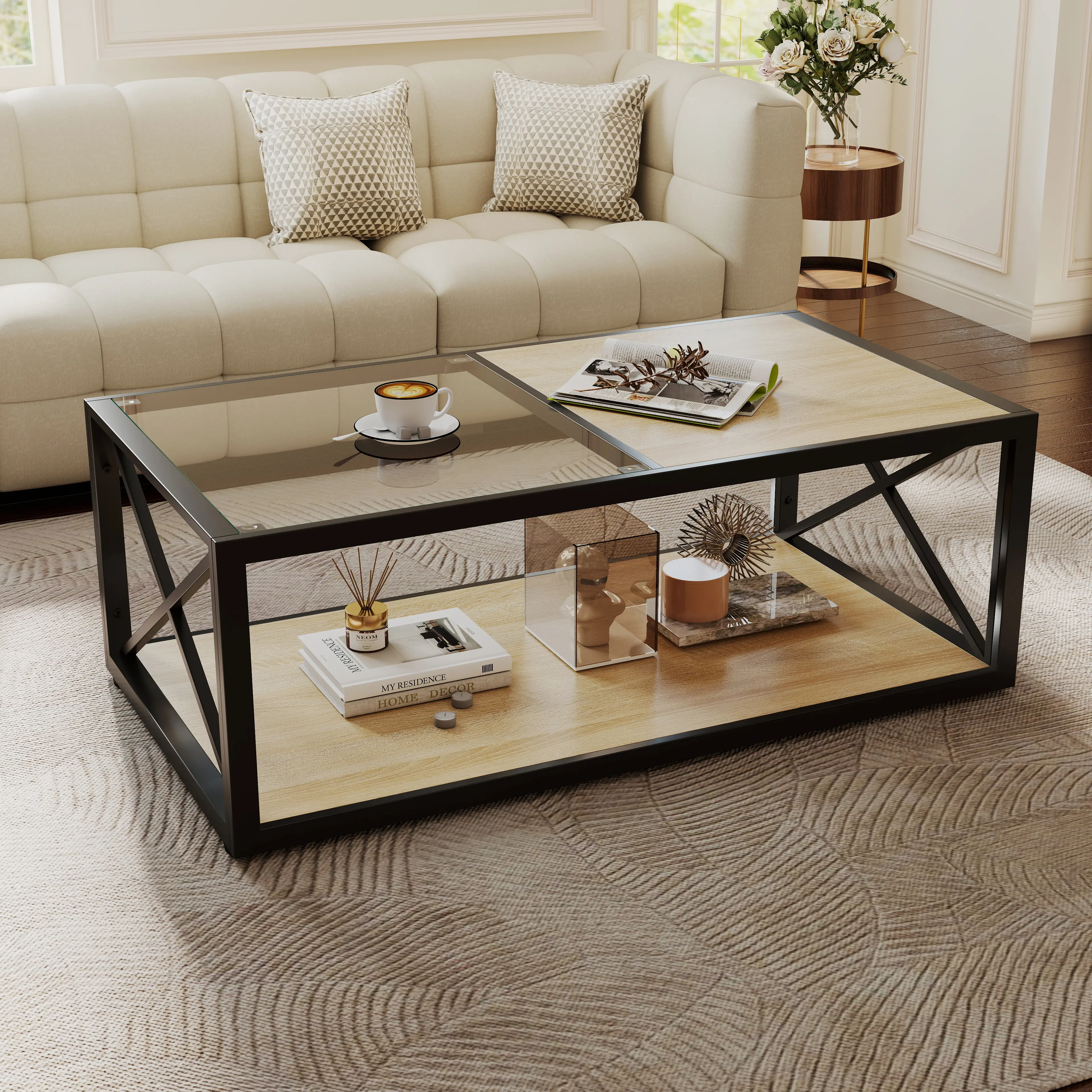 Modern Coffee Table with Tempered Glass & Wood Top, Industrial Center Table with Storage Shelf for Living Room Bedroom Office