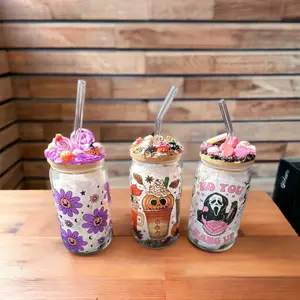 Glass Tumbler Spooky Iced Coffee Cup 16 oz Glass Tumbler with Decoraded Bamboo Lid Glass Can