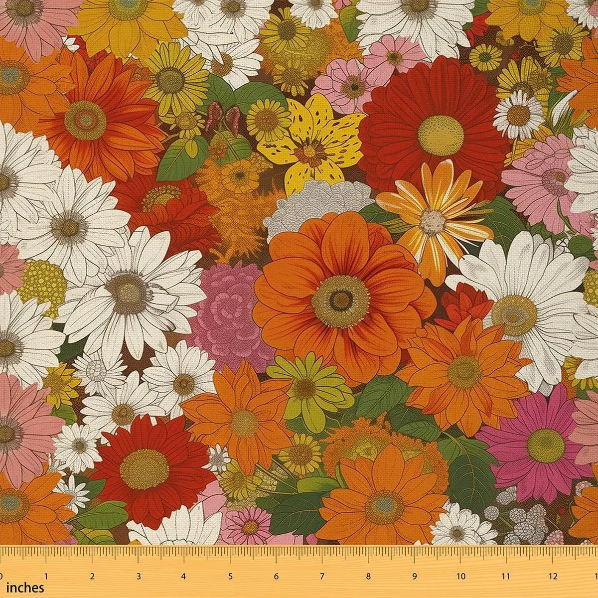 Colorful Flowers Fabric 70s Groovy Daisy Vintage Floral Butterfly No Stretch Fabric Rustic Garden Hippie Soft Flannel Polyester Fabric DIY Projects Pre-Cut