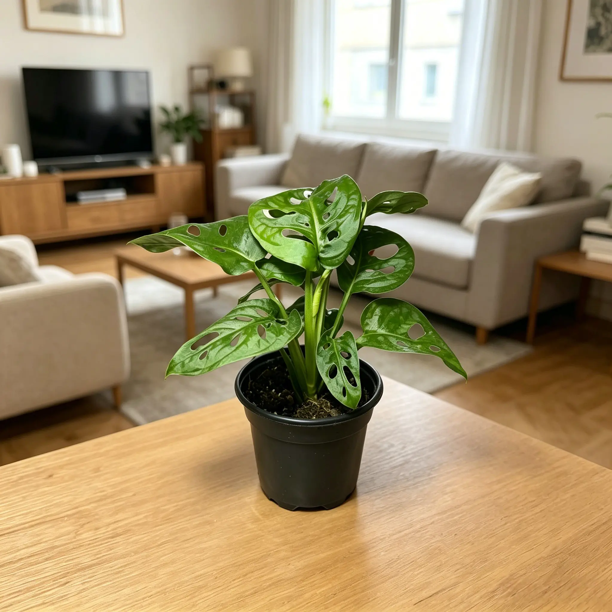 RZ-32   Monstera Adansonii Plant in 4 Inch Nursery Pot, Fenestrated Trailing Tropical Leaf Indoor Houseplant for Desks, Shelves & Office Decor, Compact Low Maintenance Greenery for Apartments, Tabletop Displays & Beginner Plant Collections