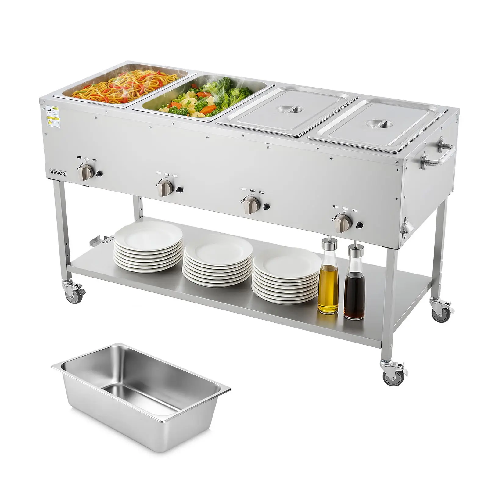 VEVOR Commercial Propane Steam Table - 4x1/1 4 Pans Metal Food Pans, 60.2x25x34.6 In Large Capacity LP Gas Outdoor Stainless Steel Soup Warmer, Drain Valve, 3" Wheels, Independent Temp Control for Restaurant