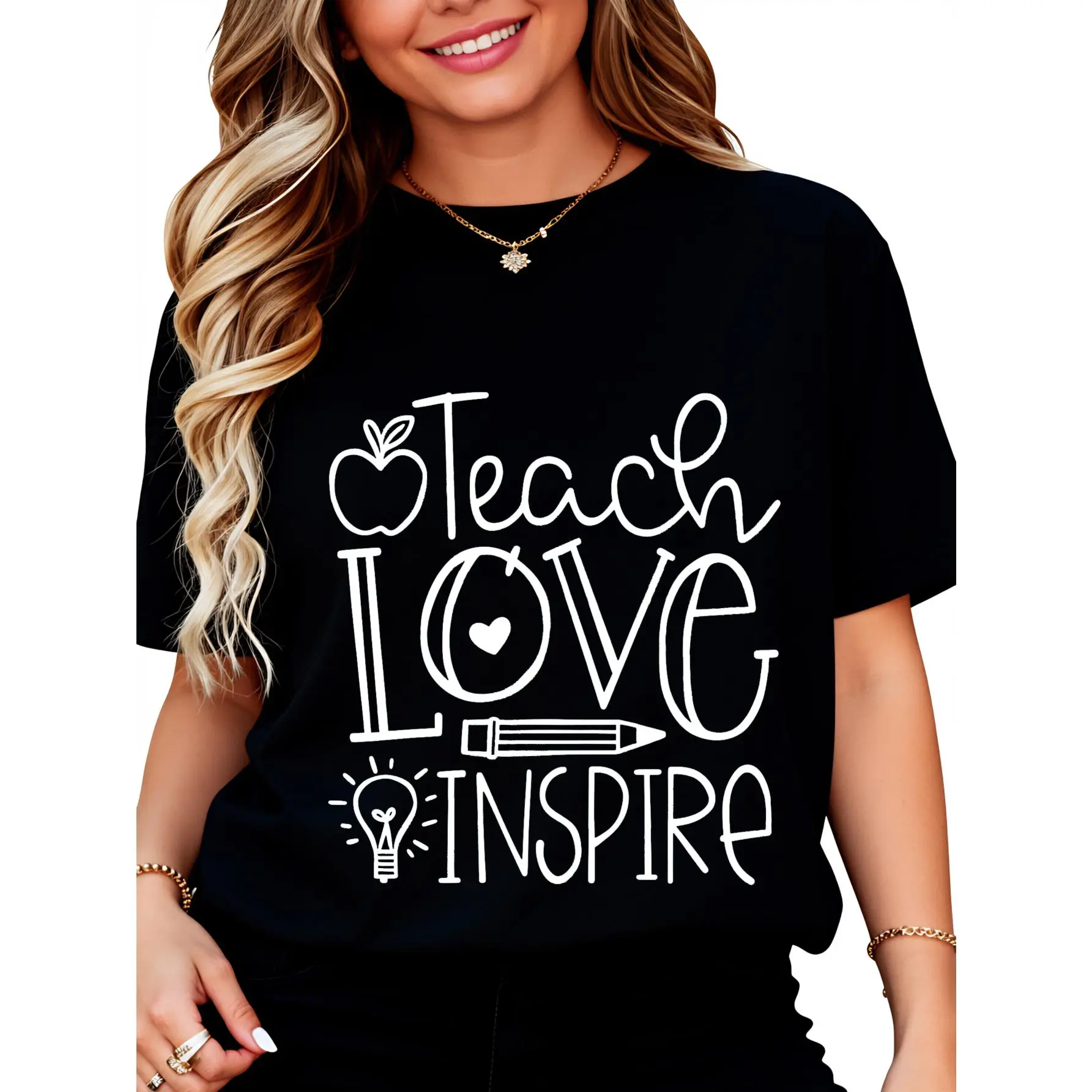 Unisex Cotton T-Shirt with "Teach, Love, Inspire" Prints - Planet-Fit Casual Top, Ideal for Teachers, Funny Teacher's Day Gift (Pairs with Bottoms)
