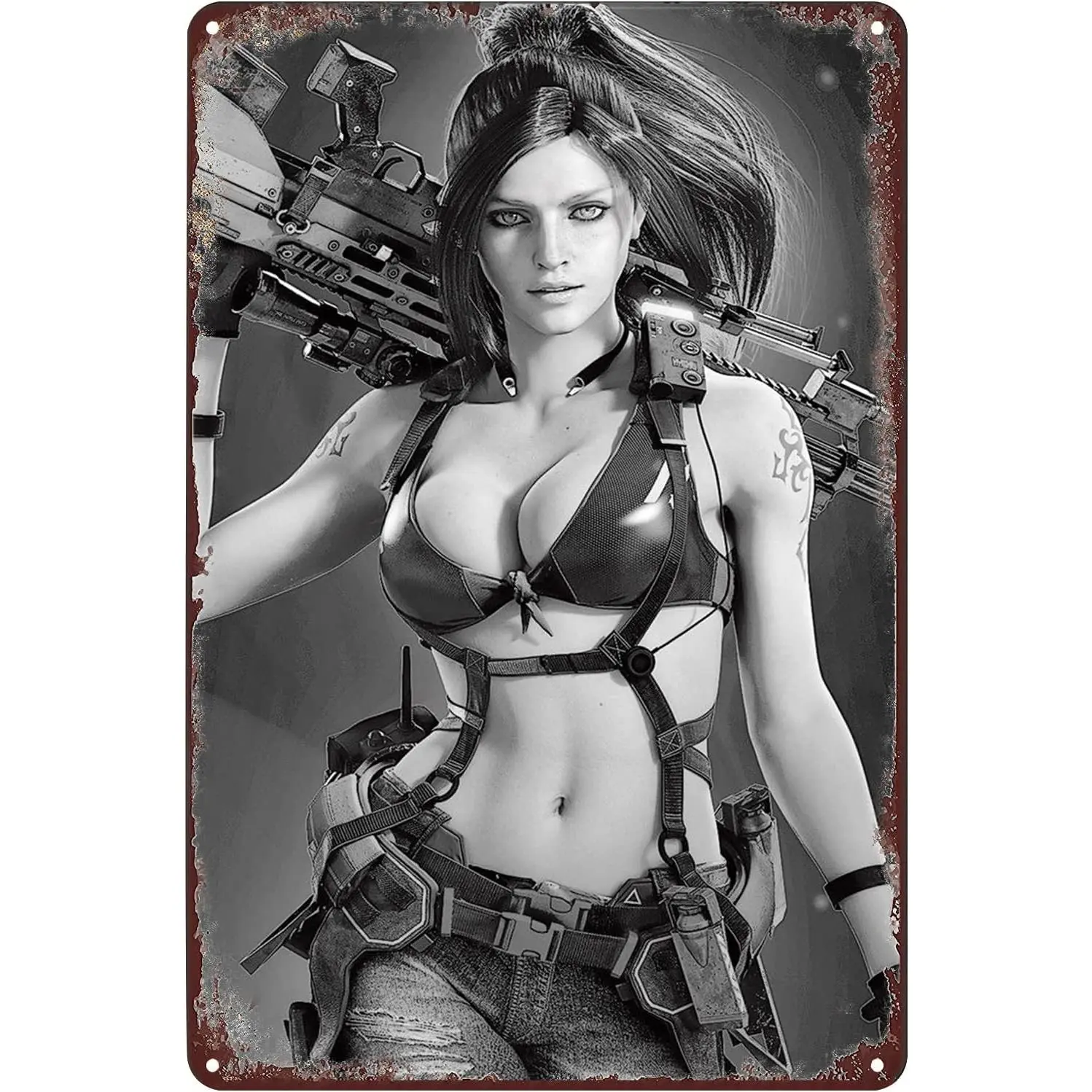 Classic Retro Iron Decorative Plaque - 12x8 in Adult Pinup Girl Tin Sign, Sexy Woman with Gun Wall Art, Easy-Install Indoor Long-Lasting Metal Plate with Pre-Drilled Hole for Bar, Office Home Decor