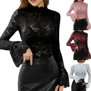 Women Lace Long Sleeve Top Floral Embroidery Mock Neck Sheer Tops Sexy See Through Tops Long Sleeve Mesh Top Shirts