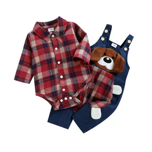 Newborn Baby Outfits Infant Boys Long Sleeve Plaid Button Down Shirt Romper Bodysuit Jeans Suspender Jumpsuit Overalls Pants