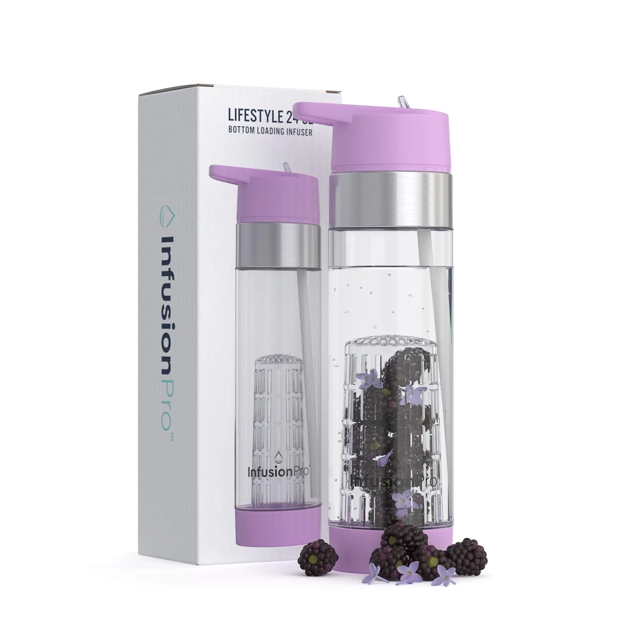 Infusion Pro Fruit Infuser Water Bottle with Straw Lid 24 oz : Flip-Up Straw : Insulated Sleeve & Fruit Infusion Water eBook : Bottom Loading Infuser for More Flavor - Orchid