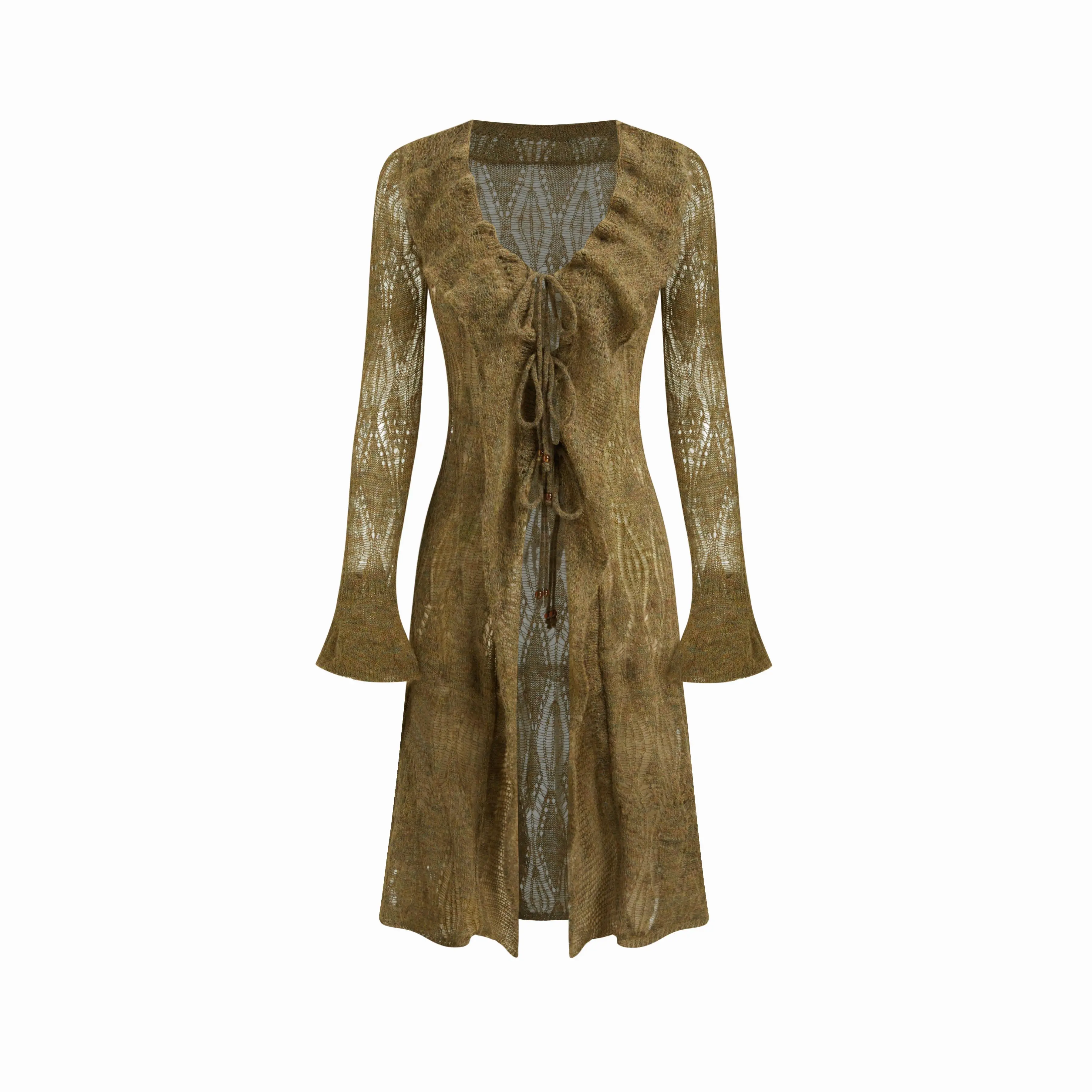 Cider Knit Wool-blend V-neck Beaded Tie Front Ripped Split Ruffle Hem Midi  Dress SwimWeek - TikTok Shop