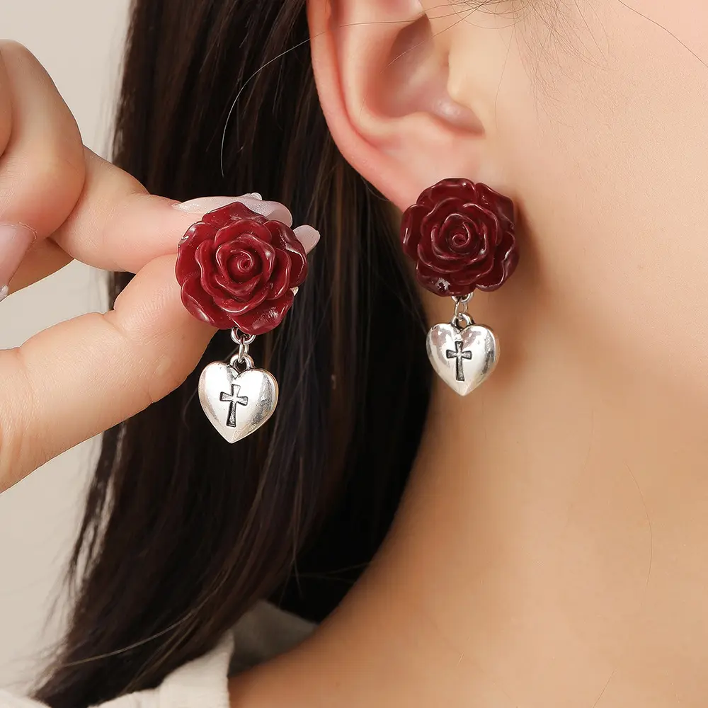 Elegant Red Rose Earrings with Heart Charms for Women's Fashion Butterfly Earring Accessories