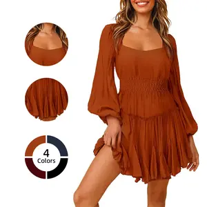 Florboom Women's Boho Square Neck Lantern Sleeve Dress, Smocked Waist 16-Panel Petal Hem Twirl Midi,Easter dress, Romantic Festival & Holiday Outfit