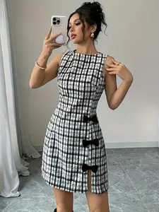 Women's Elegant Plaid Bowknot Lady Dress, Slim-Fitting Sleeveless Round Neck Short Dress for Fall & Winter Womenswear