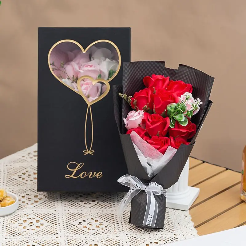 Artificial Rose Decorative Bouquet Gift Box, 11 Red Roses, Romantic Gift for Girlfriend Boyfriend, Anniversary Birthday Present, Valentine's Day Flower Gift