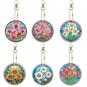 6Pcs Flower Stained Glass Style Diamond Painting Keychains, Double-Sided Full Drill Rhinestone Suncatcher Key Ring, Perfect DIY Craft Gift for Craft Lovers