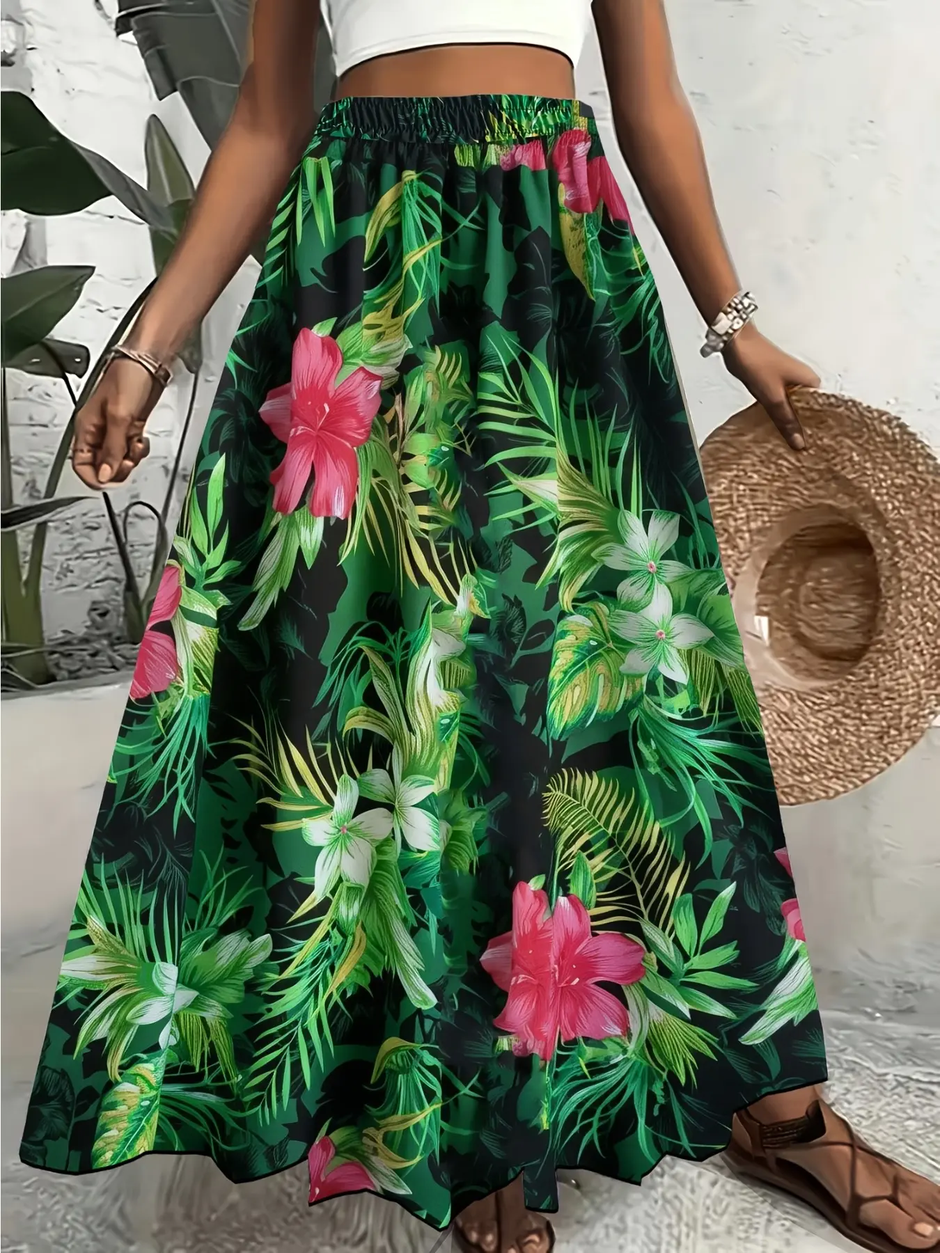 Ladies' high-waisted A-line tropical floral printed half-length long dress, summer dark green Boho vacation style flowing big swing umbrella dress Skirts Bohemian