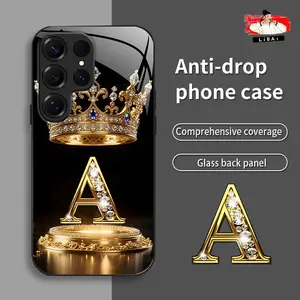 Suitable for [Galaxy S25 Ultra] New high-end crown gold base letter glass mobile phone case New business simple metal paint electroplated glass mobile phone case Affordable price Anti-drop and anti-fingerprint 995