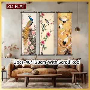 [2D-Flat]3pcs Exquisite Posters Canvas Wall Art Traditional Chinese Painting Unframed Scroll Hanging Painting, With Scroll Ord Art Decor HD, Pattern for Living Room, Best Gift for Friends, Indoor-Outdoor Decor, Ink HD Fade-Resistant Art