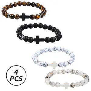 4Pcs Cross Beads Bracelet for Men Women 8mm Healing Lava Stone Stretch Bracelets,7.5"