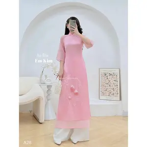 Pink tơ ao dai with design on neck A28 - No Pants | Ao Dai for Women| Lunar New Year | Ao Dai Viet Nam