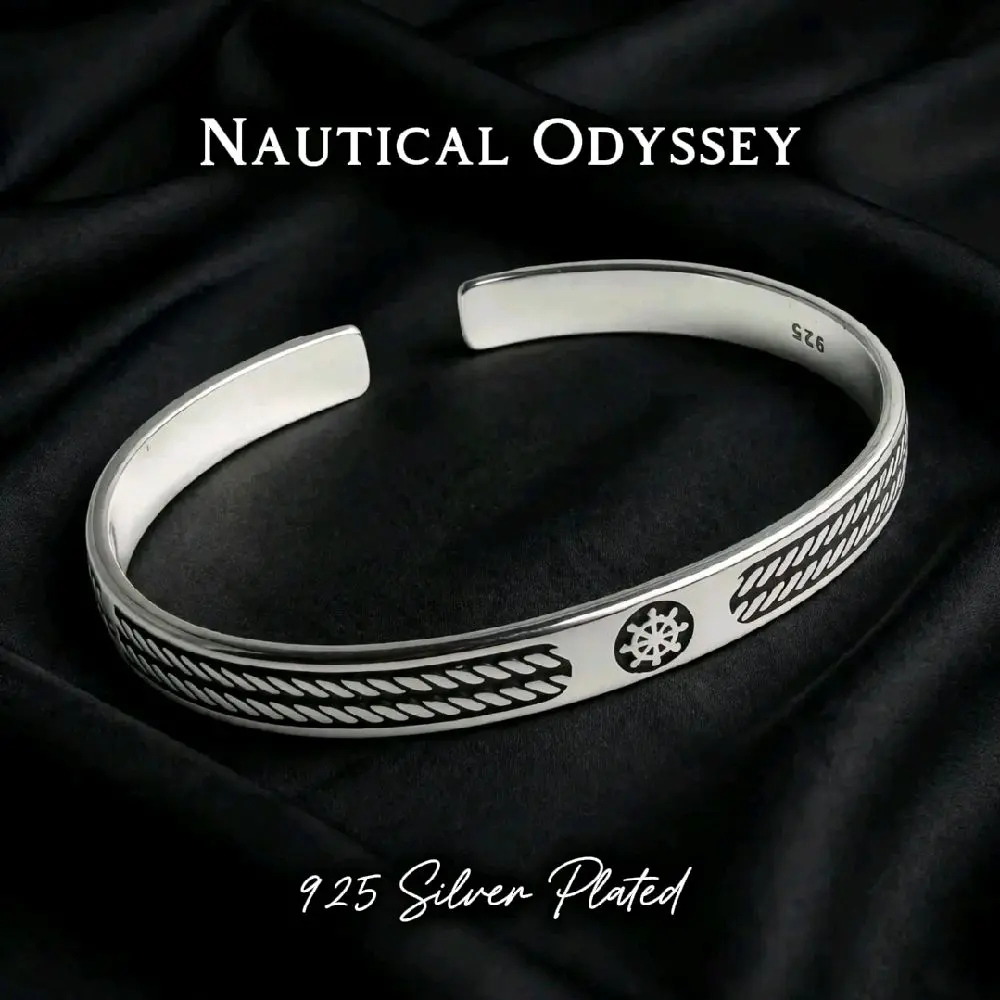 925 Silver-Plated Cuff Bracelet for Men - Intricate Rope Design, Wheel Emblem, Nautical Themed Jewelry Accessory