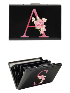 Letter & Rose Pattern Card Holder, Minimalist Thin Aluminum Metal Wallet, RFID Women Purse, Men Metal Card Holder Organizer, Business Card Holder