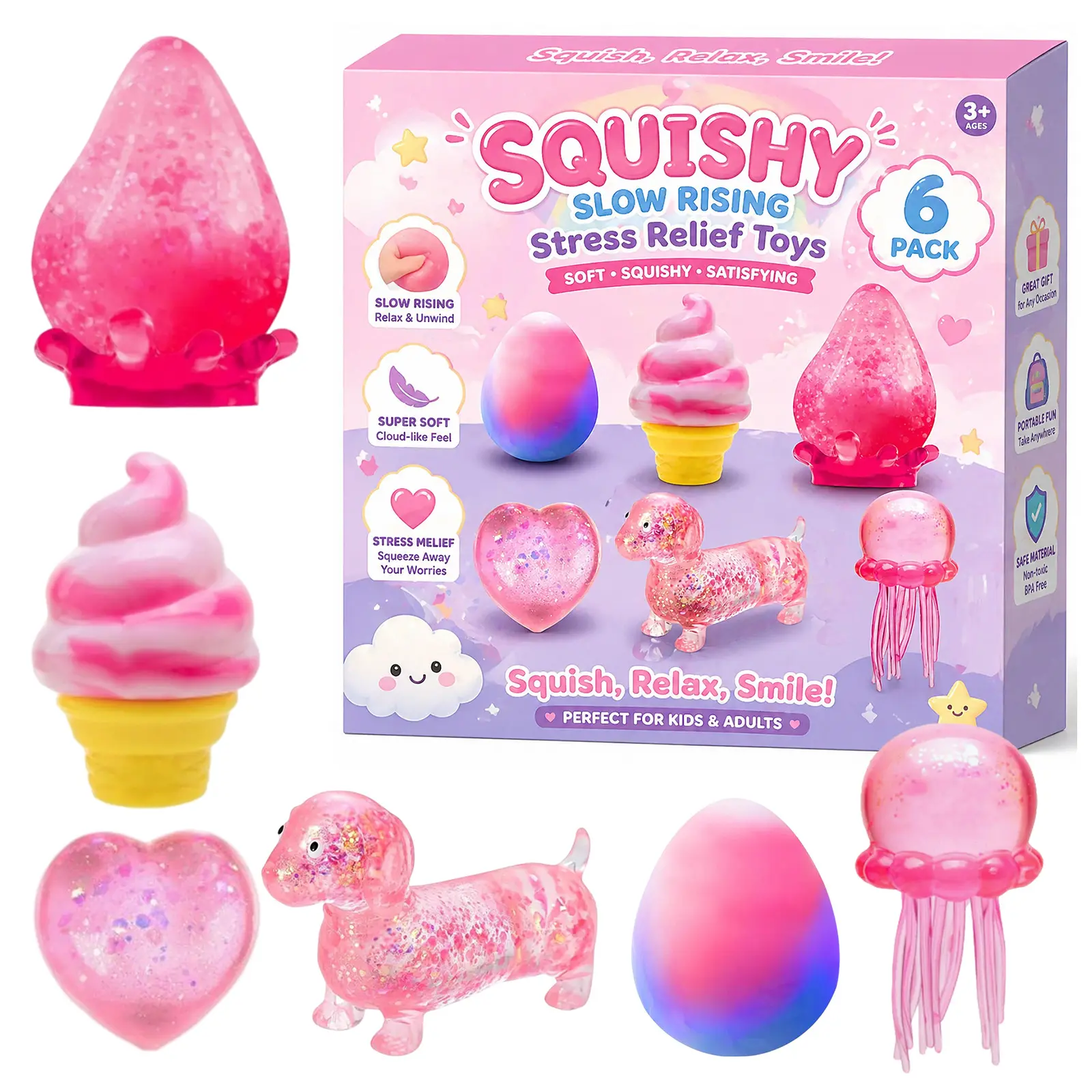 6-Piece Set Box Malt Sugar Stress Relief Fidget Toys, Sensory Bundle, Creative Slow-Return Squishy, Party Gift, 6 Different Styles