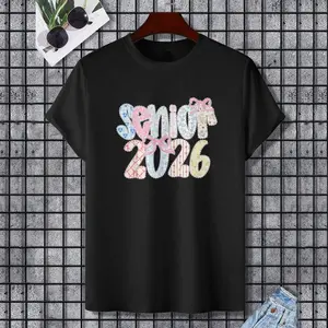 Senior 2026 Pastel Floral Patchwork Letters with lace Bow T-Shirt, 100% Cotton, Single Side Printed, Black Short Sleeve T-shirt, Gift for Family Friends, S-XXXL, 1 pc, Fabric Weight 180g
