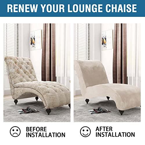 Chaise Lounge Cover Velvet Chaise Lounge Couch Cover High Stretch Chaise Lounge Slipcover Luxury Lounge Chair Cover for Living Room Soft Furniture Protector for Dog, Machine Washable, Ivory