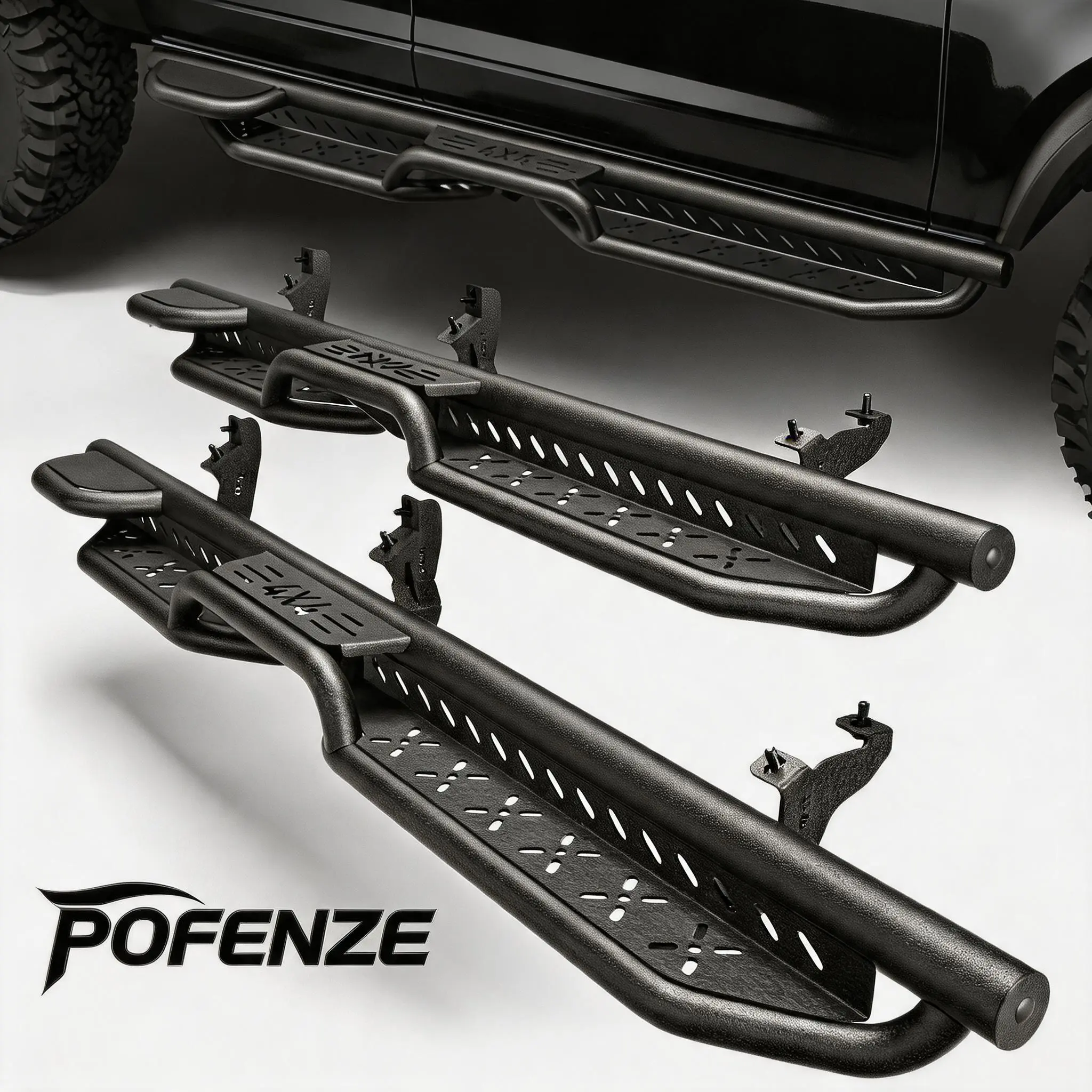 POFENZE-NADIA Black Powder-Coated Metal Running Boards with Star Logo - 2-Stairs Side Steps, Bolt-On Side Rails, Rock Sliders for 2021-2026 FORD BRONCO 4-Door Crew Cab, Easy Access, No-Drill Simple Installation