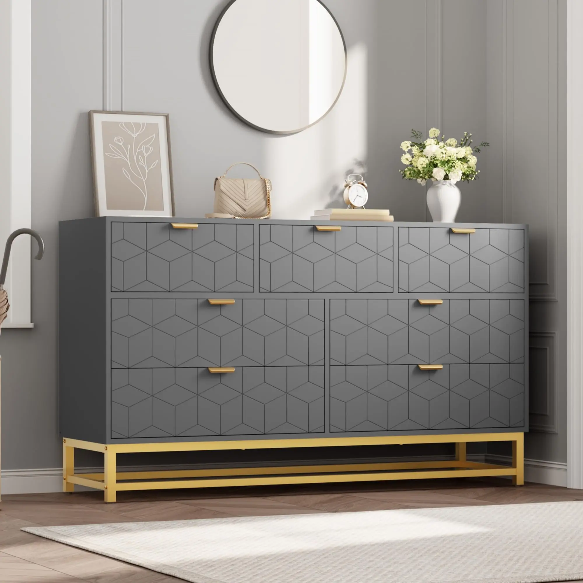 53.5" Wide 7-Drawer Dresser for Bedroom, Modern Triple Dresser with Gold Accents, Large Storage Chest for TV Stand, Closet, Living Room, Hallway & Entryway