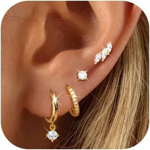 925 Sterling Silver Earrings for Women Trendy Hypoallergenic Small Gold Hoop Earrings 14K Gold Plated Stud Earring Sets for Multiple Piercing CZ Ear Cuff Cartilage Earring Stacks