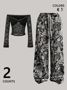 Sexy Lace One Shoulder Home Set, Comfortable Casual, Fashion Design for Trendy Women, Fall & Winter Wear, Fitted Style, Outfit