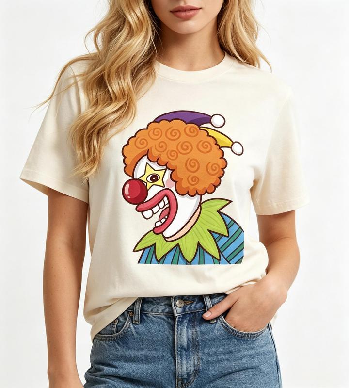 Women's Fitted Cotton Fabric Crew Neck Short Sleeve T-Shirt - Comfortable Beige Vintage Circus Jester Curly Hair Clown Side Portrait Print, Casual Beach Top #sohochic