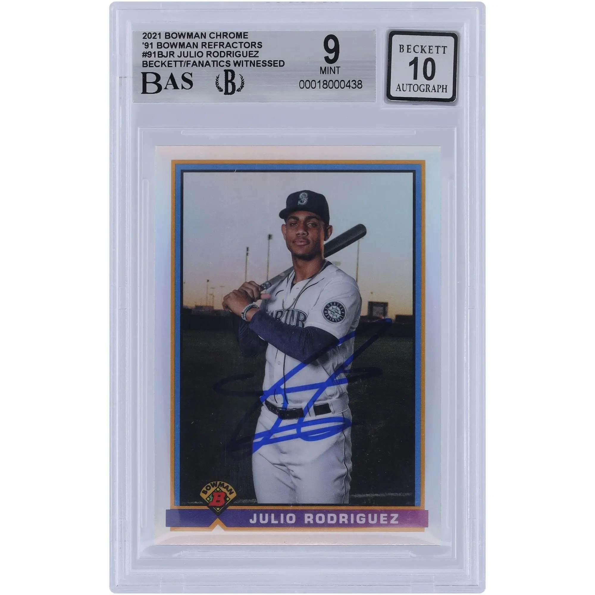 Julio Rodriguez Seattle Mariners Autographed 2021 Bowman Chrome 91 Bowman Refractor #91B-JR Beckett Fanatics Witnessed Authenticated 9/10 Card - Fanatics Authentic Certified