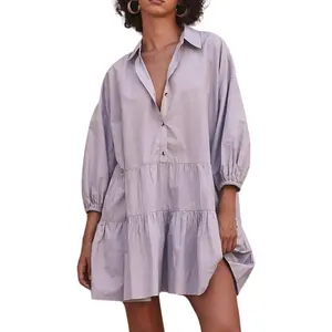 Chouyatou Women's Summer Puff Sleeve Tiered Tunic Babydoll Dress Cute Mini Button Down Shirt Dress