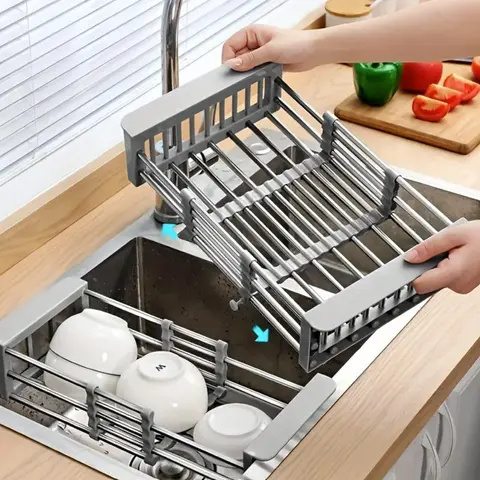 Easy Clean Stainless Steel Retractable Dish Drying Rack, Adjustable Orangizer Expandable, Storage Organizer,Over Sink Drainer Sink Rack for Kitchen Plates & Bowls