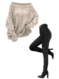 DRESSLILY 2025 Women's Matching Set Solid Color Cable Knit Sweater Off the Shoulder Pullover Top and Grommet Buckle Lace Up Leggings Elastic Waist Punk Skinny Pants Outfits