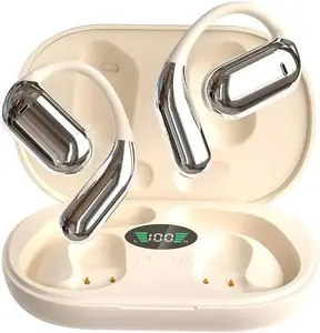 AI open Bluetooth 5.4 earbuds, wireless sports earphones, in-ear with ear hooks, built-in microphone, 60 hours playback time, fast charging, IPX7 waterproof, suitable for running/exercise, beige