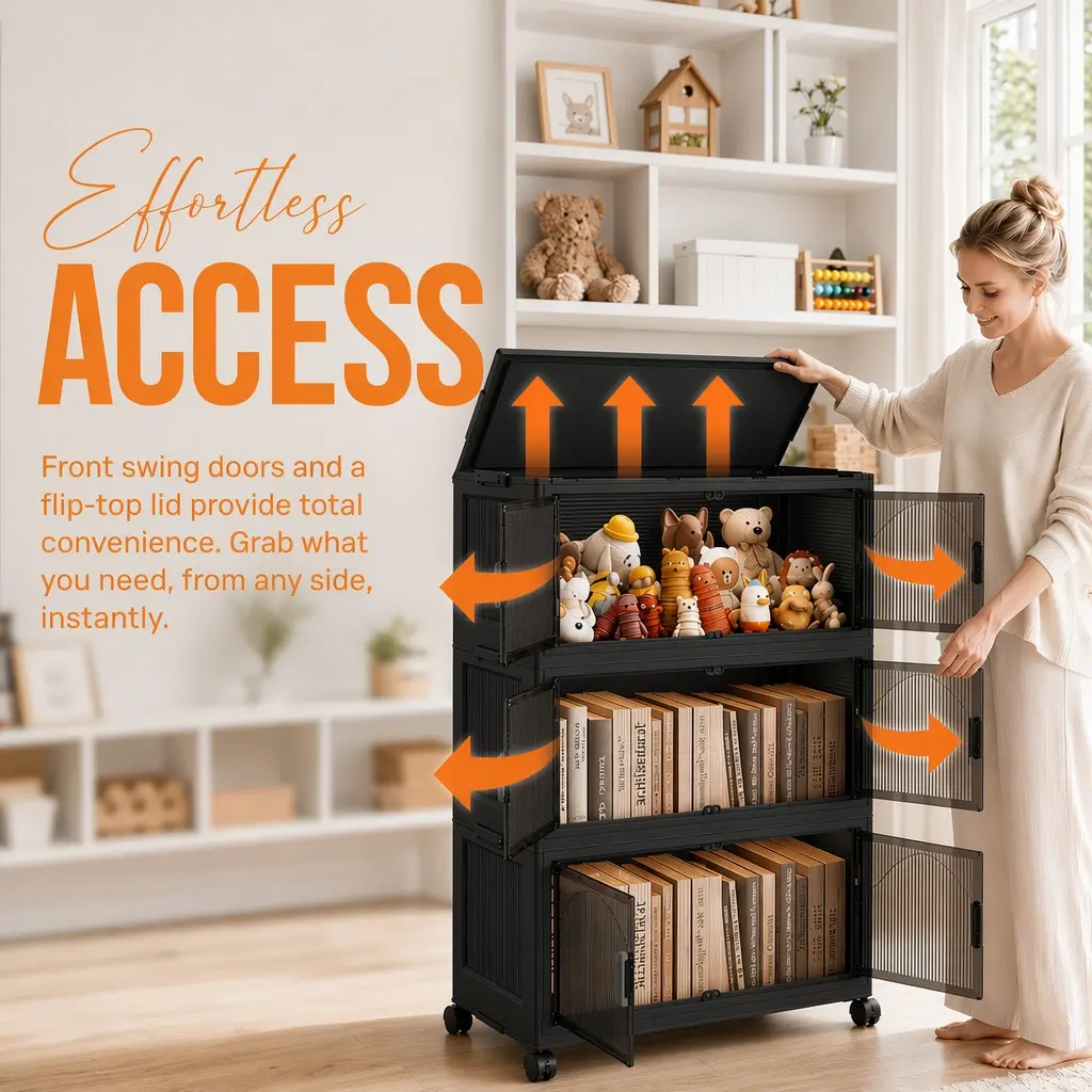 3-Tier Collapsible Plastic Storage Organizer with Wheels & Lids, Stackable Boxes for Camping Cupboards, Dorm Living Room