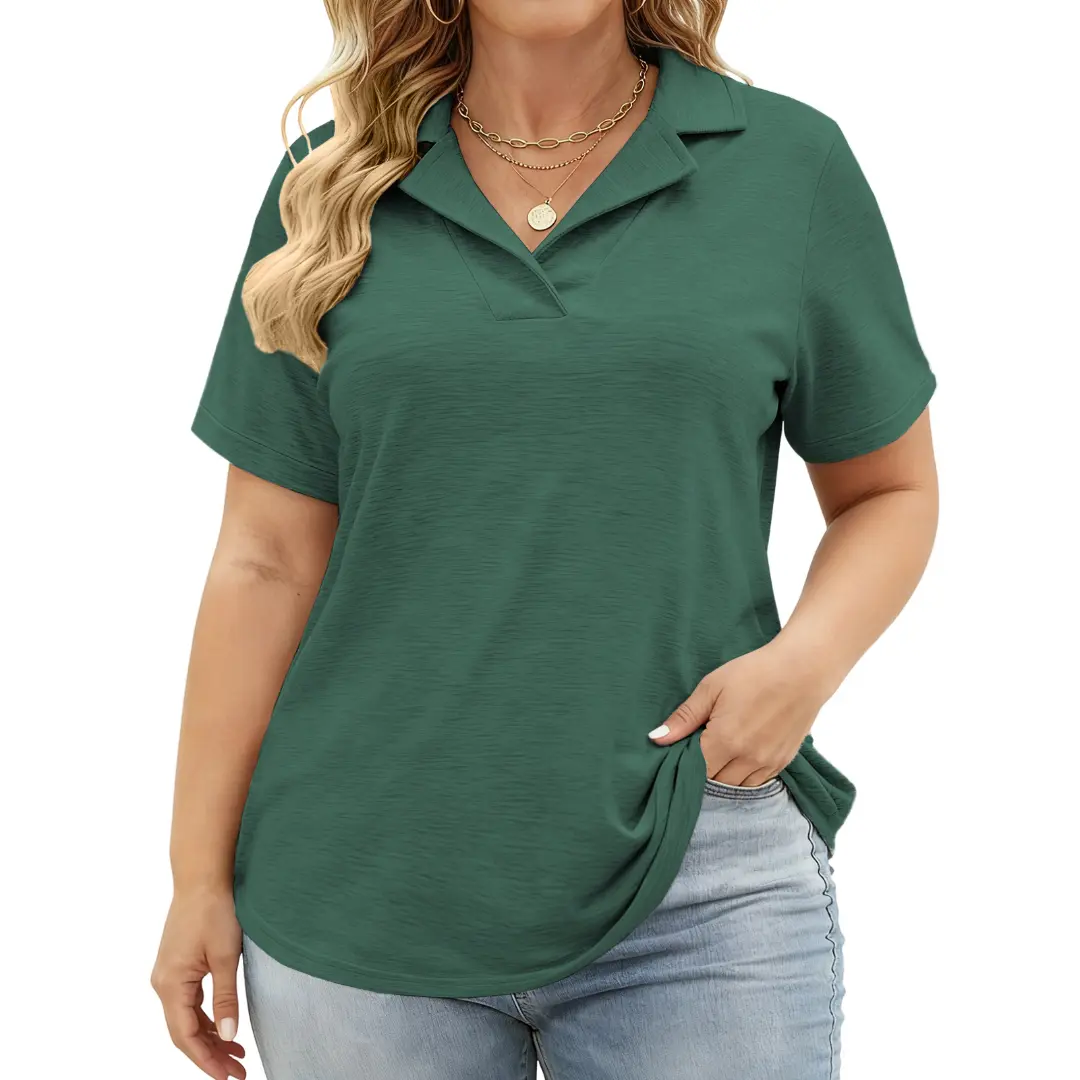 Women's Plus Size V-Neck Collared Polo Top - Short-Sleeve, Loose-Fit, Breathable, Elegant Everyday Essential Tunic Blouse for Summer Outdoor Activities, Flat Style, Oversized for Joggers
