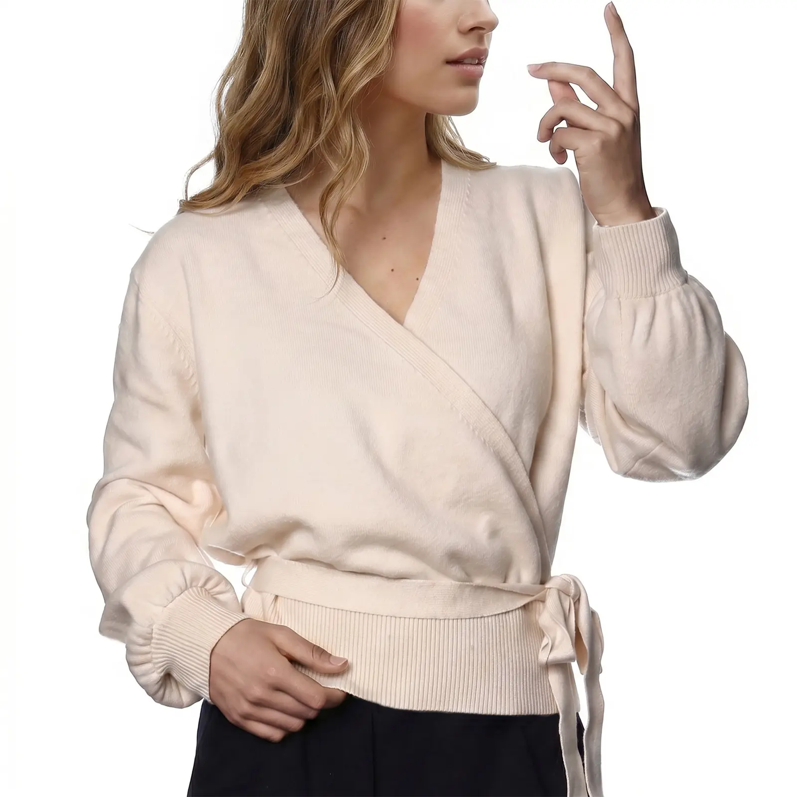 Fisoew Women’s Lantern Long Sleeve Wrap Knit Sweater - V Neck, Tie Waist, Soft Cozy Fabric Pullover Top - Chic, Classy Fall Winter Style Elegant Fashion Clothes #Summerwins #DealsForYouDays