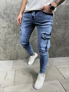 Men's Side Pocket Design Jeans, Slim Casual Denim Pants for Daily Wear, Fashion Men's Bottoms for All Seasons, Cotton, Denim Clothing