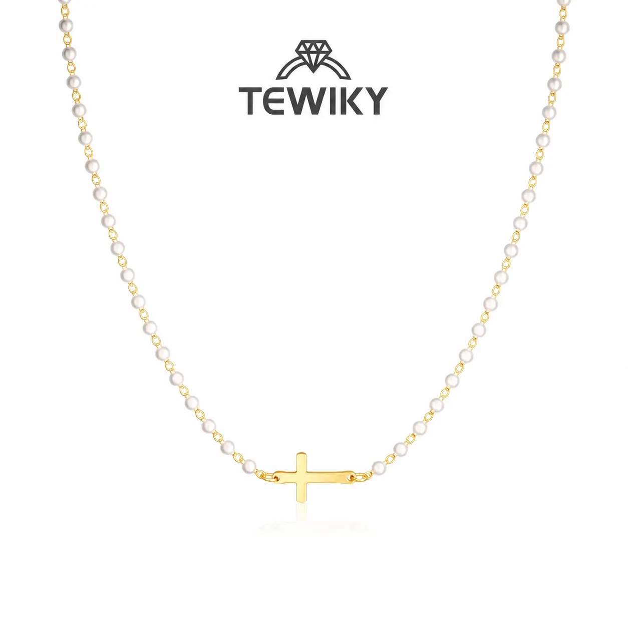 TEWIKY Pearl Necklace for Women, 14K Gold Plated Sideways Cross Necklace, Dainty Adjustable Faith Jewelry, Minimalist Layering Necklace Gift