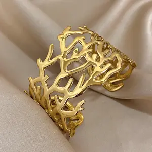 Abstract Coral Branch Wide Cuff Bracelet for Women, Irregular Hollow Tree Twig Open Bangle, Gold Silver Statement Boho Jewelry Gift